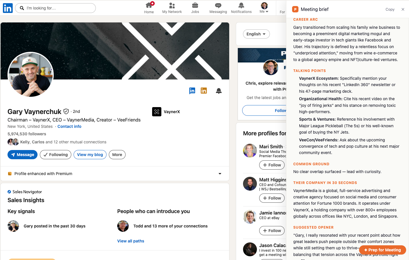 Call Me Ready profile summary side panel on a LinkedIn profile — career arc, talking points, common ground, and a suggested opener.